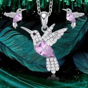 S925 Silber Kolibri Schmuckset mit lila Kristall Halskette und Ohrringen