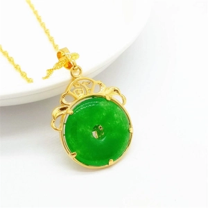 Chinese style gold-plated emerald green jade pendant with Fu character and gold chain