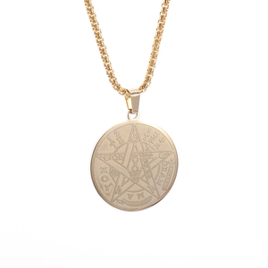 Gold stainless steel pentagram coin necklace with engraved Tetragrammaton symbol