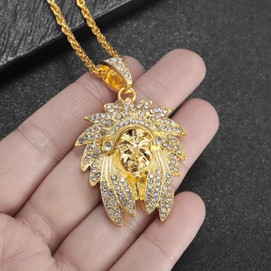 Iced out gold Indian chief pendant with rhinestones on a twist chain hip hop necklace