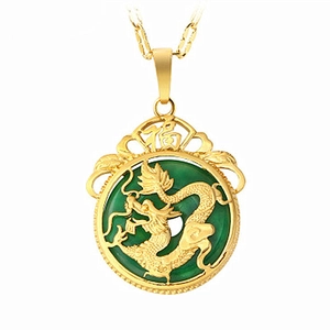 Golden dragon pendant necklace with green gemstone and Fu character symbol