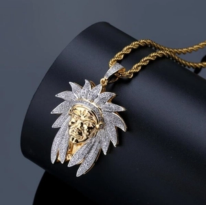 Iced Out Indian Chief Head Pendant Necklace with Rhinestones on Gold Rope Chain