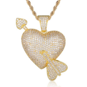 Hip Hop Heart Arrow Pendant Necklace Rhinestone Cupid's Arrow Men's Jewelry Gold Silver Plated Alloy Pendant For Men Party