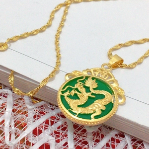 Golden dragon relief pendant with green stone and Fu character on twisted rope chain
