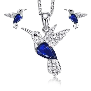 Halskette und Ohrringe Set aus S925 Silber mit Kolibri-Motiv und blauen Kristallsteinen