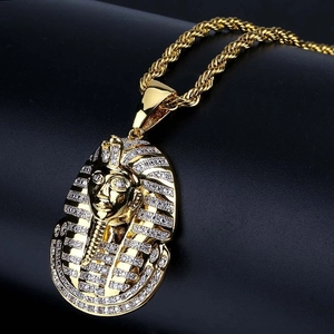 Men Vintage Hip Hop Egyptian Pharaoh Head Pendant Necklace Gold Plated Alloy Rhinestone Inlaid Jewelry With Twist Chain