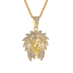 Gold plated iced out Indian chief pendant with rhinestones and rope chain for men