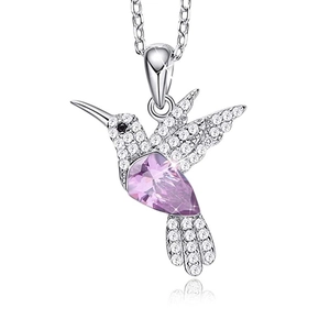 S925 Silber Kolibri-Halskette mit lila Herz-Kristall und weißen Zirkonia-Flügeln