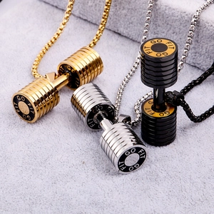 Men Fashion Fitness Dumbbell Pendant Necklace With Box Chain GO FIT Engraved Alloy Gym Workout Jewelry Accessories Gift
