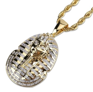 Macro detail of Pharaoh pendant with micro-pave crystals and golden rope chain