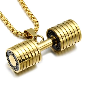 Golden stainless steel dumbbell pendant necklace with GO FIT engraving on box chain link