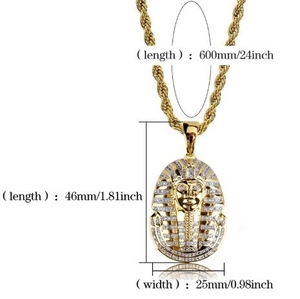 Gold Pharaoh pendant necklace with white crystals on twisted rope chain for men