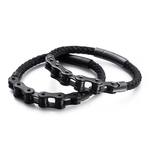 Streetstyle schwarzes geflochtenes Lederarmband Set mit industrieller Edelstahl Fahrradkette