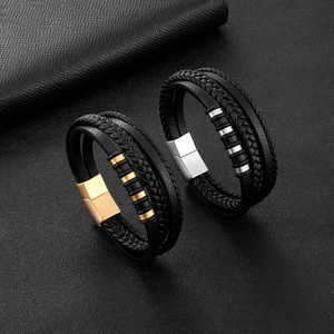 Bracelets multicouches en cuir tressé pour hommes avec fermoir magnétique or et argent