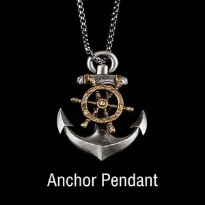 Collana con Pendente Ancora Nautica e Timone in Lega Retro Argento Oro Antico Bicolore Gioielli Hip Hop da Uomo