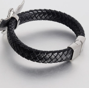 Bracelet tressé en cuir vintage pour homme avec breloque aigle argentée et fermoir