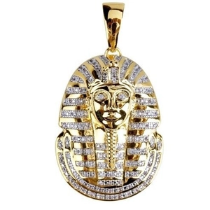 Hip hop Egyptian Pharaoh head pendant with sparkling white zircons on golden alloy