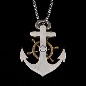 Collana nautica vintage con ciondolo ad ancora e timone da uomo in argento e bronzo