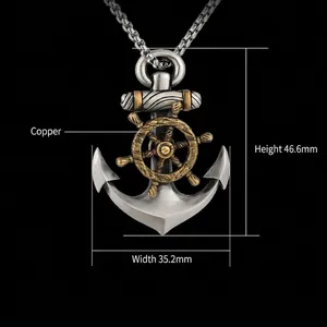 Collana con ciondolo ancora e bussola nautica vintage per uomo in argento e rame