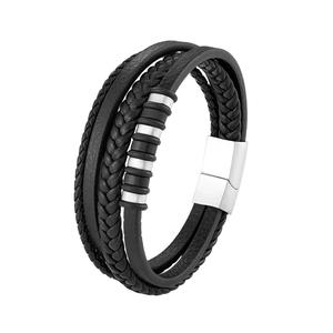Bracelet multicouche en cuir tressé noir pour homme avec anneaux en acier inoxydable