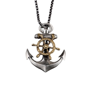 Collana con pendente bussola e ancora nautica vintage in toni argento e bronzo