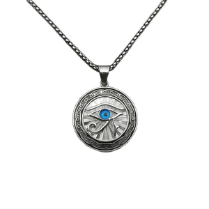 Vintage Eye of Horus round pendant necklace with blue eye detail on silver box chain
