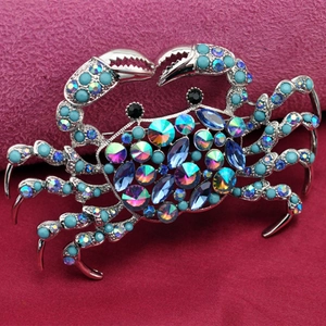 Exaggerated crab brooch with sparkling colorful crystals and blue turquoise stones