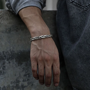 Vintage silver twisted cable cuff bracelet for men with adjustable open minimalist design