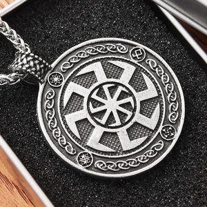 Vintage Slavic Kolovrat sun wheel pendant necklace with runes in a gift box