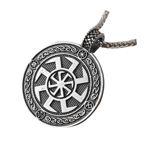 Vintage Slavic Kolovrat sun wheel pendant necklace with Celtic knot patterns in antique finish
