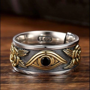 Retro Gold Legierung Auge Des Horus Ring Für Herren Punk Gothic Geprägte Rose Strass Breites Band Verstellbarer Ring Schmuck