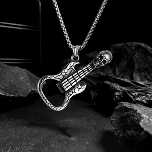 Collier pendentif décapsuleur guitare tête de mort style punk au fini argent vintage