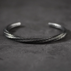 Vintage Viking cuff bracelet with wheat pattern texture in antique silver finish for men