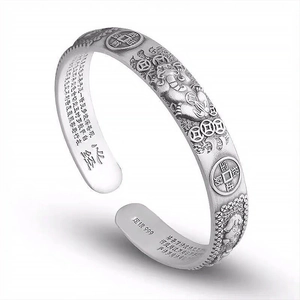 Retro Thai Silber Stil Legierung PiXiu Herz Sutra Armreif Vintage Glück Reichtum Kupfer Münze Relief Armband Für Damen Herren Schmuck