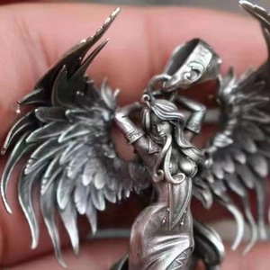 Vintage silver angel wing pendant necklace with retro relief carving for women and men