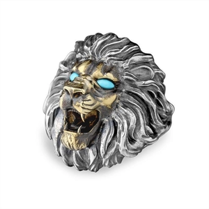 Vintage punk lion head open ring with gold face and blue turquoise eyes for men