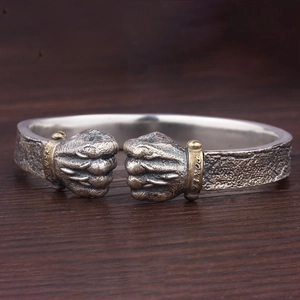 Retro solid silver fist open bangle for men with power engraving and vintage finish