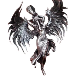 Retro silver winged angel goddess pendant necklace with gothic feather details