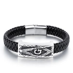 Herren Armband aus schwarzem Leder mit silbernem Freimaurer G-Symbol und Magnetverschluss