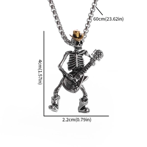 Gothic skull playing guitar pendant necklace with gold hat and boots in vintage silver finish