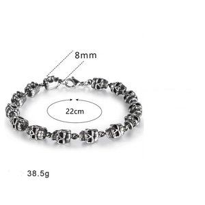 Bracelet à maillons tête de mort vintage pour homme 8mm de large 22cm de long