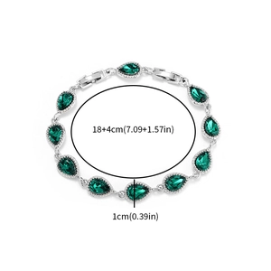 Elegant silver bracelet with green teardrop crystals and adjustable chain link length