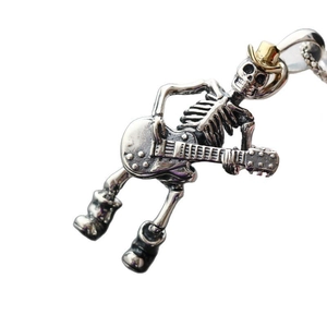 Gothic skull guitar player pendant in vintage silver with gold hat for men
