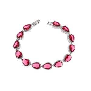 Elegant silver bracelet featuring thirteen pear-cut pink gemstones and white zircon halo