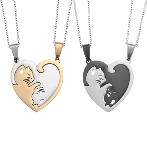 Stainless Steel Gothic Punk Cat Heart Puzzle Pendant Necklace Cute Animal Friendship Jewelry Gift For Couples Women Men