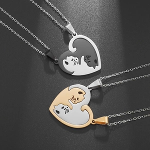 Gothic punk cat heart pendant necklaces in black, gold, and silver stainless steel