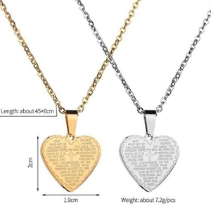 Collier pendentif cœur Prière du Seigneur avec croix en acier doré et argenté