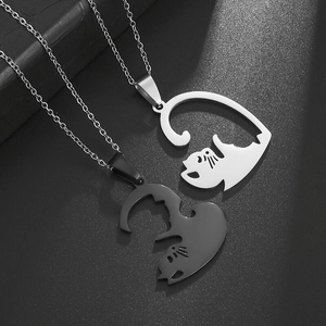 Gothic punk cat heart pendant necklace set in polished silver and black stainless steel