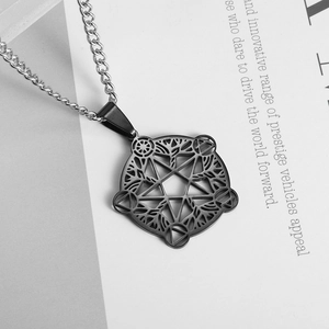 Detail shot of a black stainless steel pentagram pendant with silver chain necklace