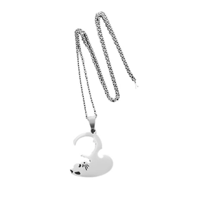 Gothic punk cat heart pendant necklace in silver stainless steel for friends gift